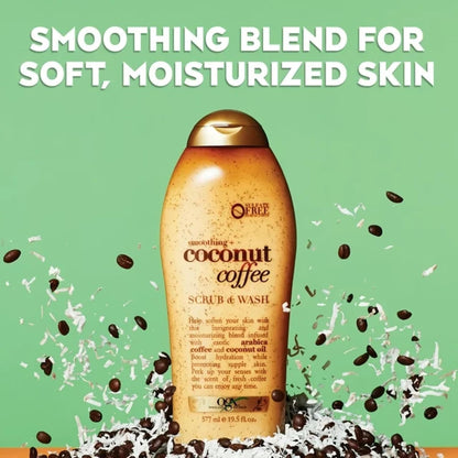 OGX Smoothing + Coconut Coffee Exfoliating Body Scrub with Arabica Coffee & Coconut Oil, Moisturizing Body Wash for Dry Skin, Paraben-Free with Sulfate-Free Surfactants, 19.5 Fl Oz, 2 Pack