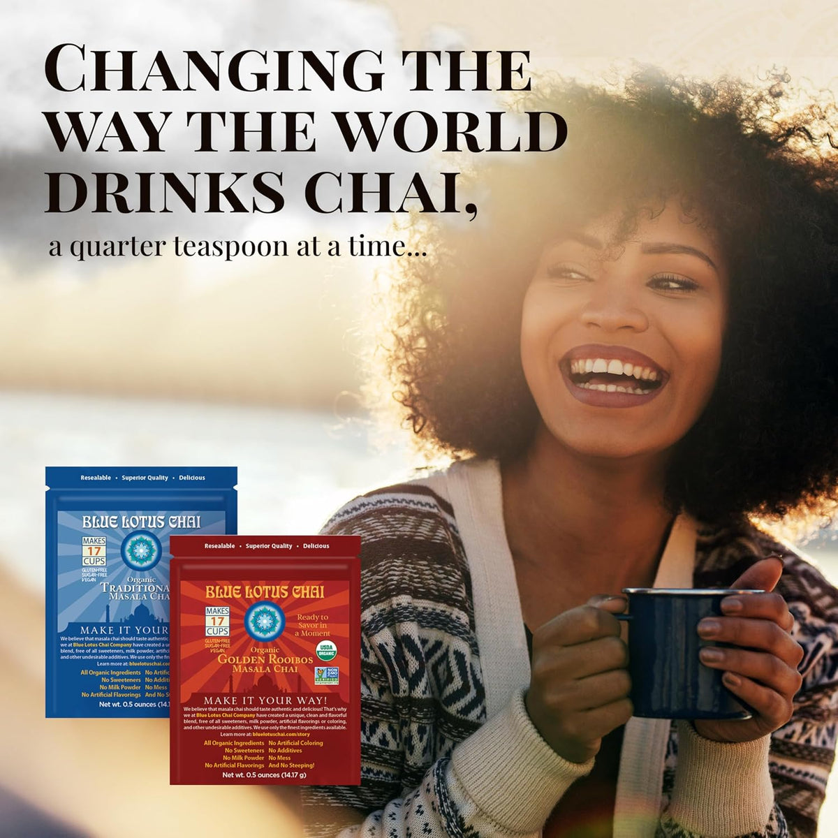Blue Lotus Chai - Golden Masala Flavor Chai - Makes 100 Cups - 3 Ounce Masala Spiced Chai Powder with Organic Spices - Instant Indian Tea No Steeping - No Gluten