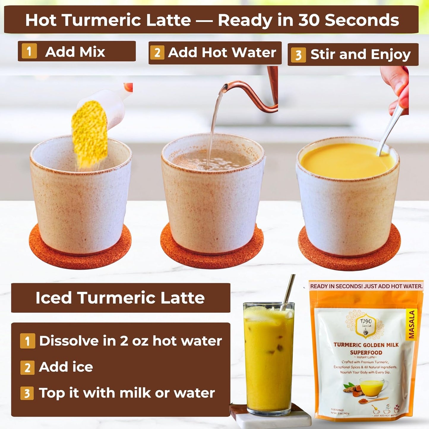 T2GO Authentic Karak Masala Chai Tea Mix – Just Add Water, 8 oz | Bold karak-style masala chai — real milk & spices in every scoop, no simmering