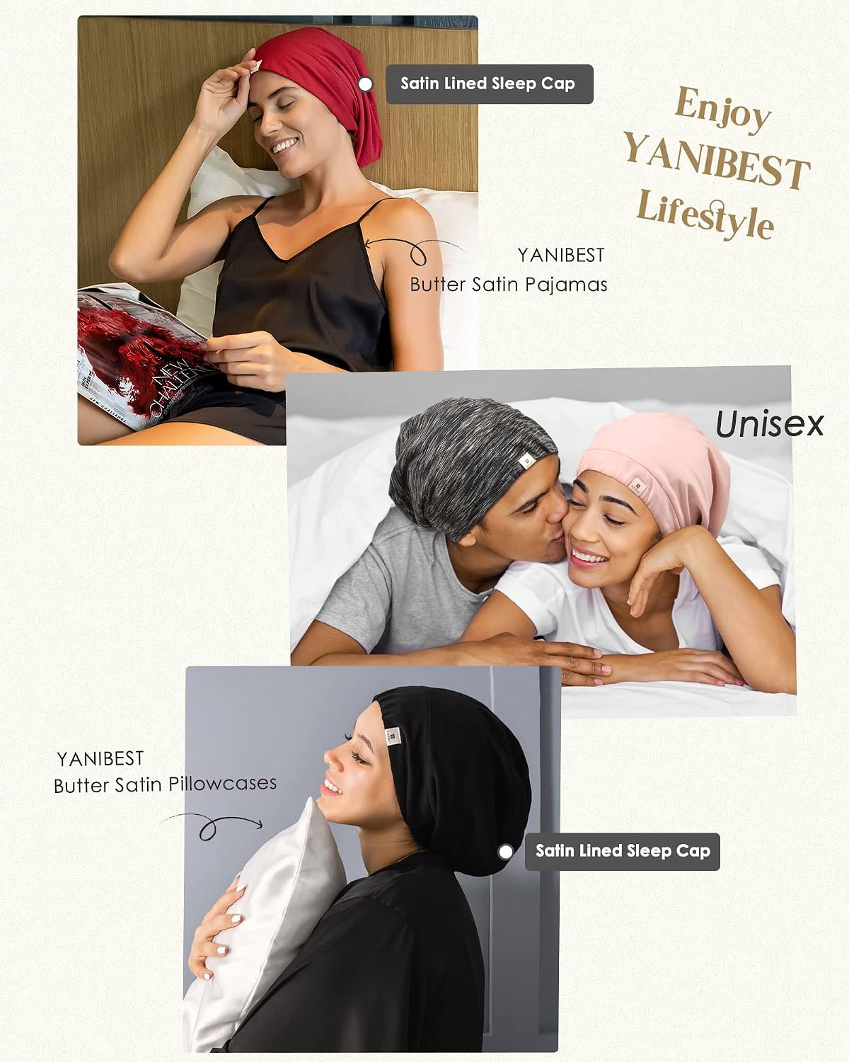 YANIBEST Hair Cover Bonnet Satin Sleep Cap - Adjustable Stay on Silk Lined Slouchy Beanie for Night Sleeping Surgical Hats Pure Black