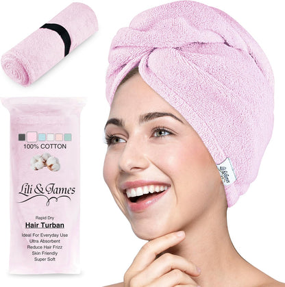 Lili&James 100% Cotton Hair Towel Wrap for Women & Kids – 420 GSM Quick Dry Hair Turban with Double Button Loop, Anti Frizz Non Microfiber Hair Drying Towel for Curly, Long & Thick Hair (Lilac)