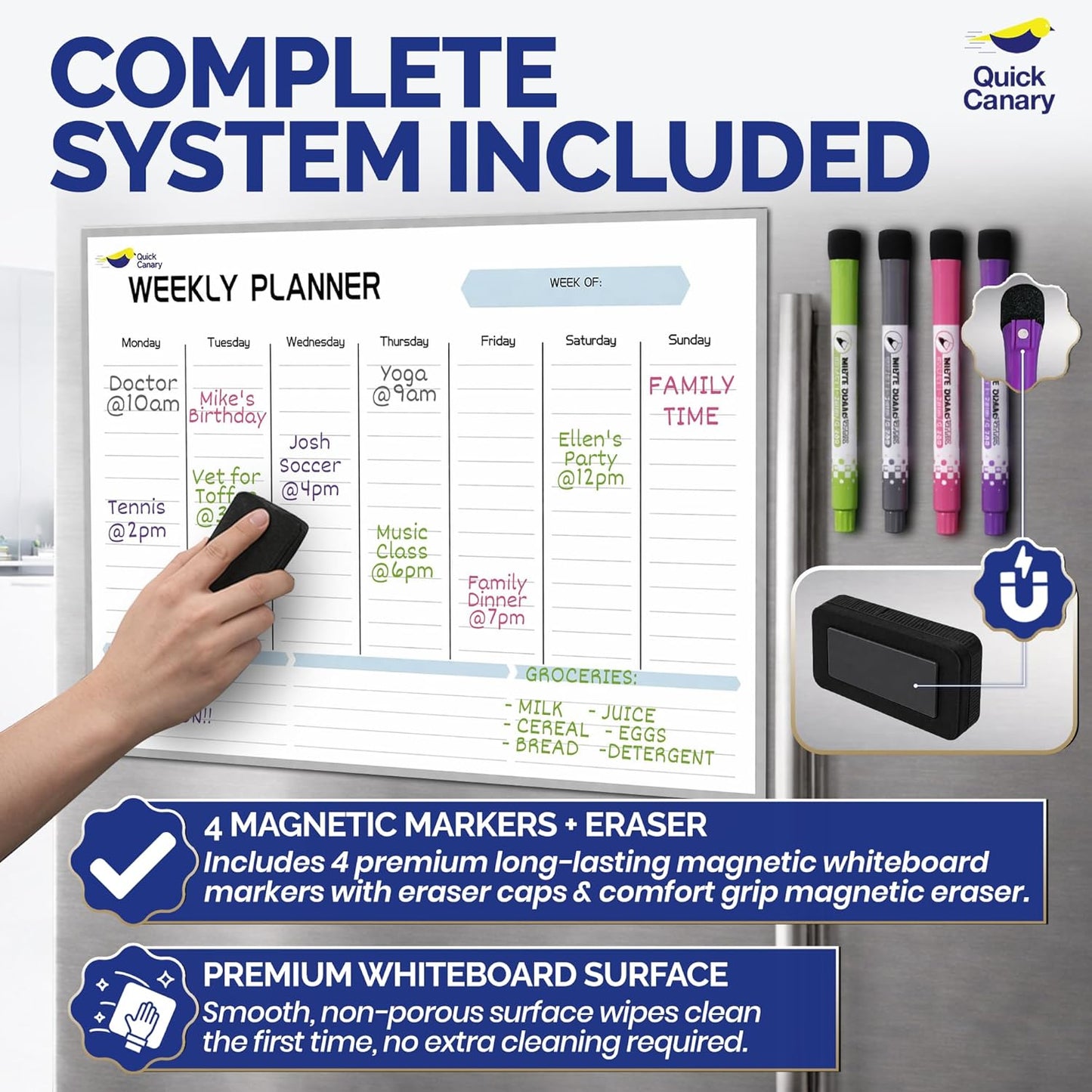 Monthly Magnetic Calendar for Refrigerator - 17x12” Stain-Resistant Dry Erase Fridge Calendar Whiteboard with Large Writing Space for Schedules, Chores & Meals - With 4 Markers & Eraser - Sunday Start