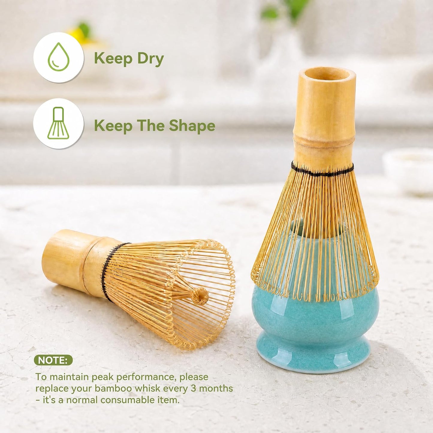 Matcha Whisk Set with Ceramic Bowl - Complete Matcha Making Kit, Bamboo Whisk (Chasen), Whisk Holder, Matcha Powder Sifter, Scoop, Japanese Tea Ceremony Tools（Green）