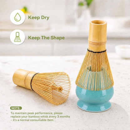 Matcha Whisk Set with Ceramic Bowl - Complete Matcha Making Kit, Bamboo Whisk (Chasen), Whisk Holder, Matcha Powder Sifter, Scoop, Japanese Tea Ceremony Tools（Green）
