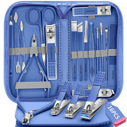 Manicure Set 16Pcs Professional Stainless Steel Pedicure Kit Mens Grooming Kit Fingernail & Toenail Clippers Set Manicure Kit with Luxurious Travel Bag, Sharp Nail Scissors and Clipper (Purple)