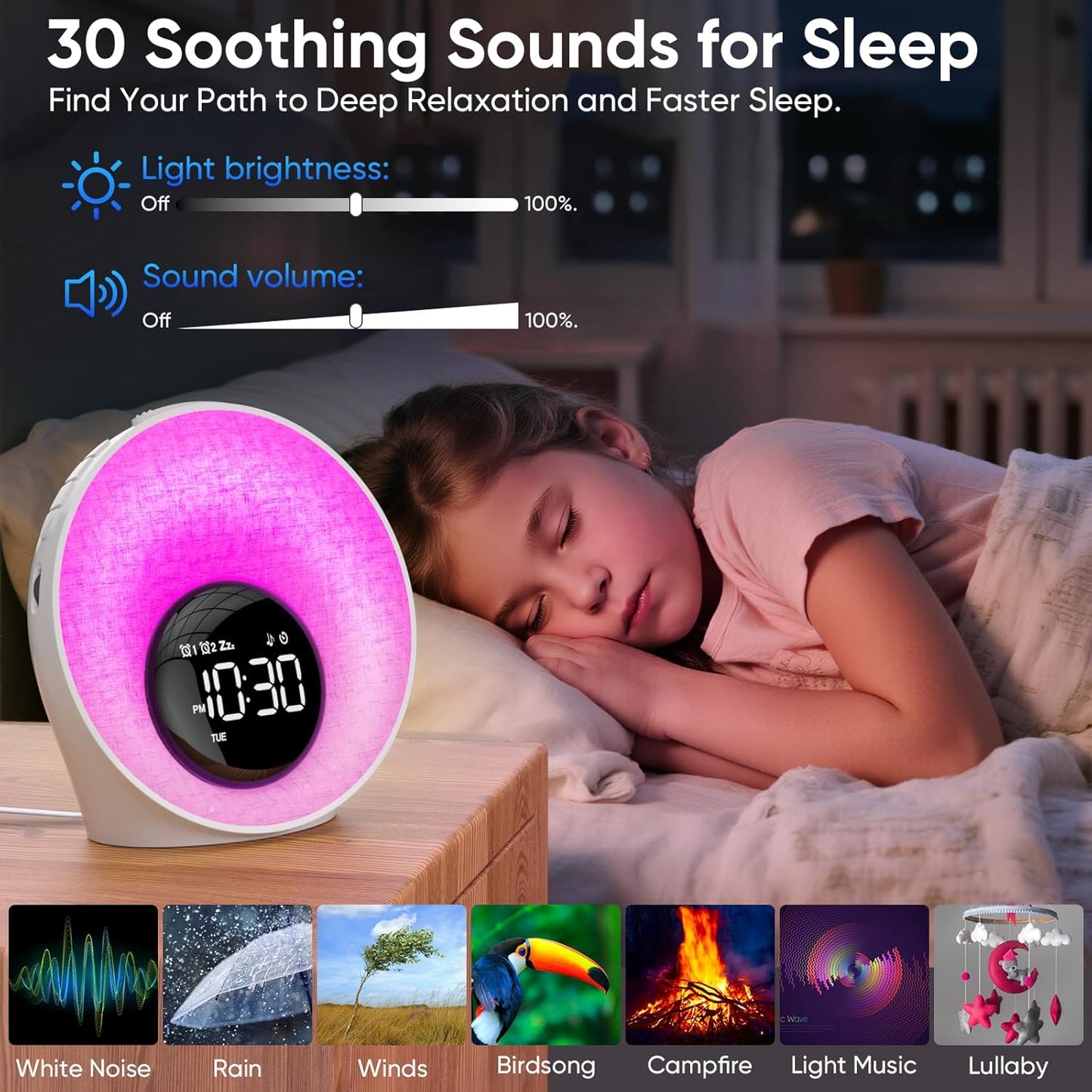 AFEXOA Sunrise Alarm Clock with Wake Up Light, White Noise Machine with 30 Soothing Sounds, 8 Color Dimmable Night Light, Dual Alarms for Heavy Sleepers/Adults/Kids