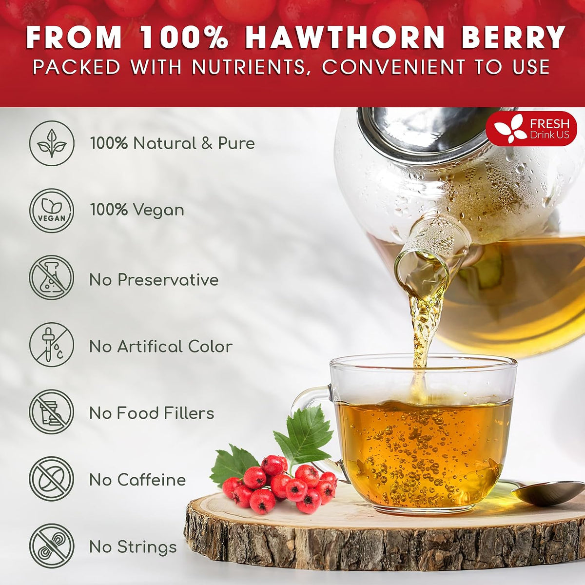 FreshDrinkUS, Premium Hawthorn Berry Tea, 75 Count, Pure, Caffeine Free