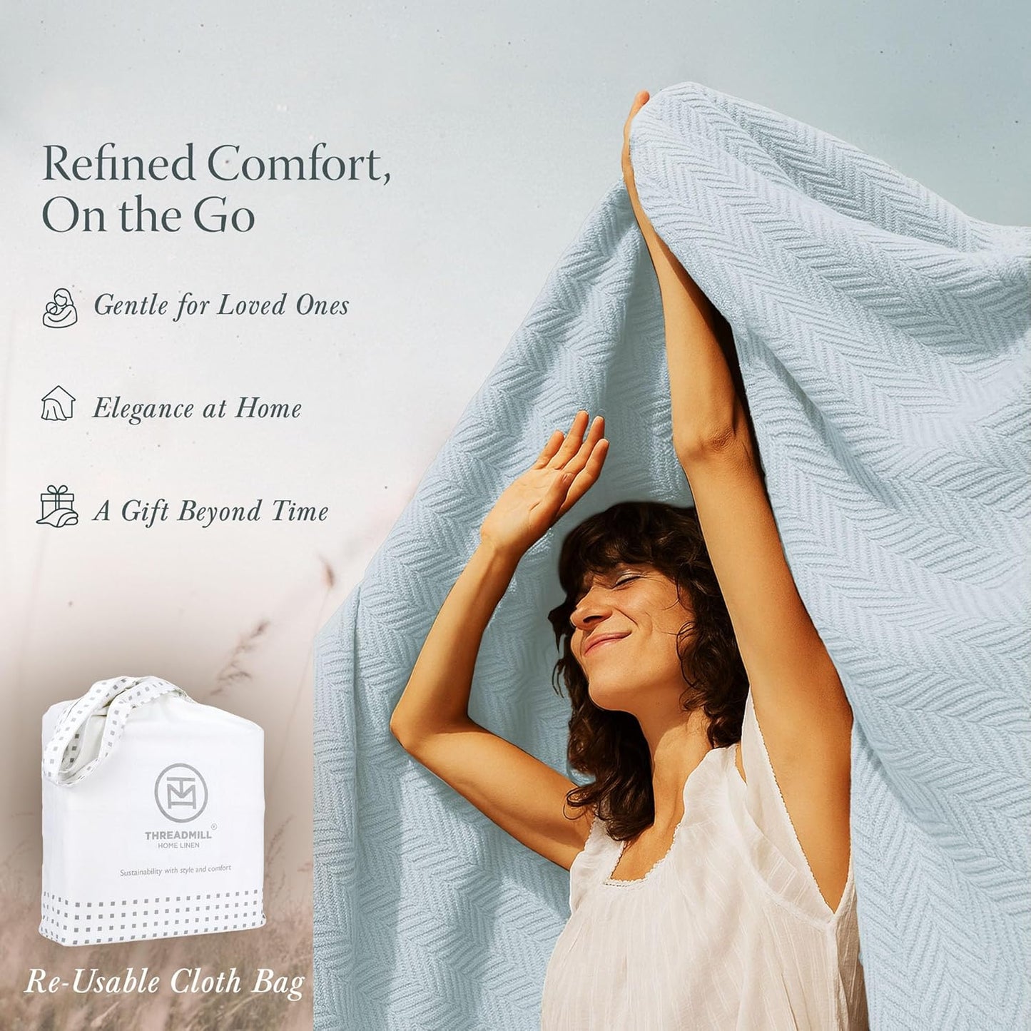 Threadmill Travel Blanket Cotton Viscose from Bamboo - Airplane Premium Soft Flight Grey Throw Blanket in Cloth Bag (Grey Color) Compact & Portable Blanket for Travel, Car, Picnic & Camping