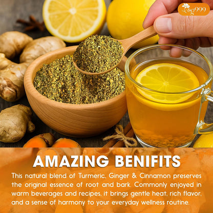 TOG999, Premium 15oz Ginger Turmeric Cinnamon Loose Leaf Herbal Tea - Premium Quality Spiced Herbal Blend – Caffeine-Free, Non-GMO, Natural Dried Roots and Bark. Vegan-Friendly.
