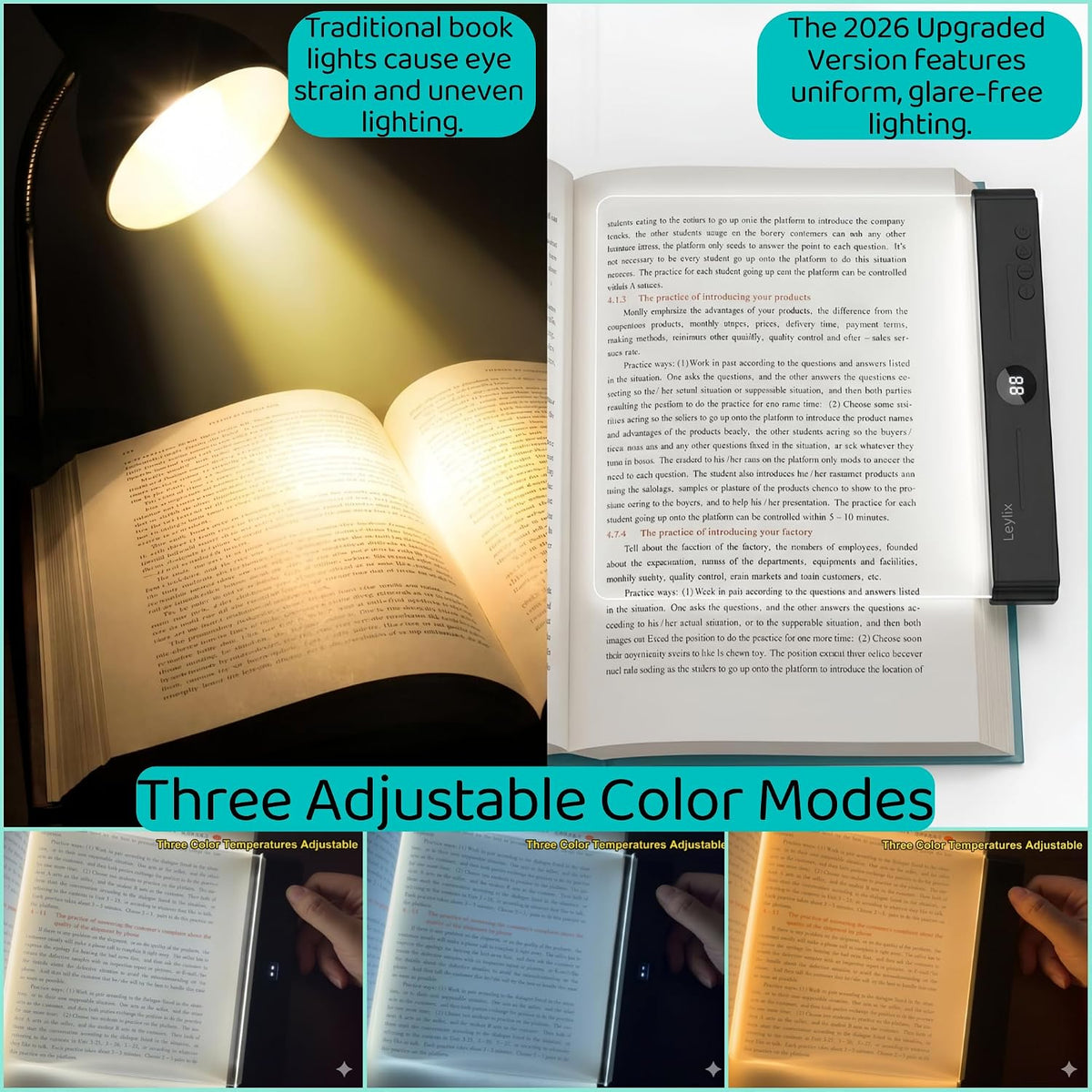 XL LED Flat Book Light for Reading at Night in Bed, Matte Pink