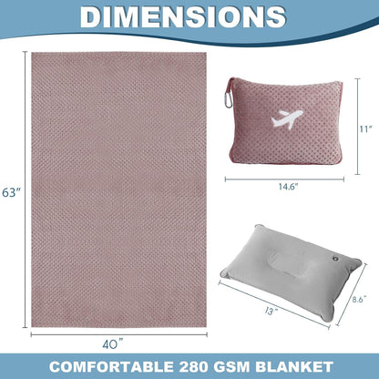 Travel Blanket Airplane Compact with Bag, Travel Essentials 3 in 1 Packable Airplane Blanket, Travel Pillow and Blanket Set, Inflatable Pillow, Luggage Sleeve & Backpack Clip (Light Grey)