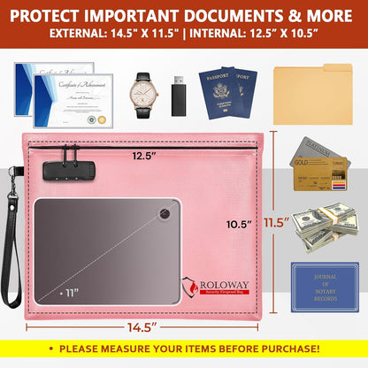 ROLOWAY Fireproof Document Bag (14.5 x 11.5 inch), 6400℉ Fireproof Money Bag with Zipper for Cash, Fire Safe Money Pouch with Lock (Black)