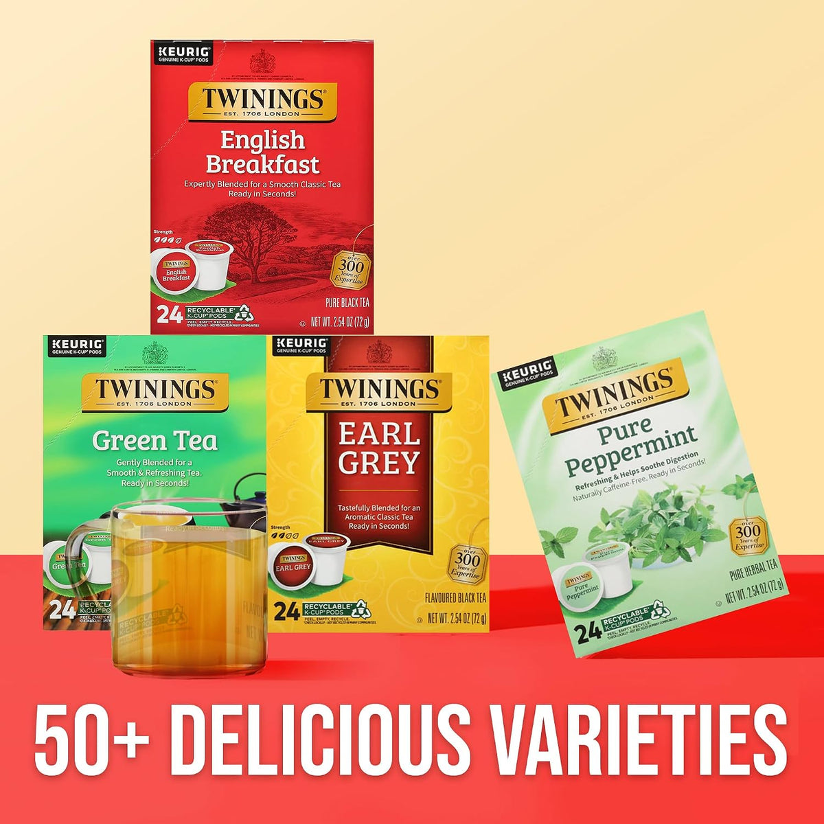 Twinings 96 K-Cup Pods Variety Pack 24 Count (Pack of 4), English Breakfast, Earl Grey, Green, and Pure Peppermint Tea for Keurig and Single Cup Brewers, Enjoy Hot or Iced