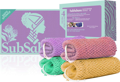 SubSahara Authentic African Net Sponge - 2 Pack Exfoliating Bath & Shower Loofah Sponge for Body & Face, Gentle Scrubber for All Skin Types, Travel, Durable Polyester (Olive Green & Light Green)