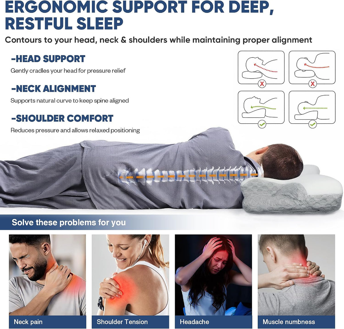 CPAP Pillow for Side, Back & Stomach Sleepers, Adjustable Cervical Memory Foam Neck Pillow with Cooling Cover & Mask Cutouts, Ergonomic CPAP Bed Pillow to Reduce Air Leaks & Mask Pressure