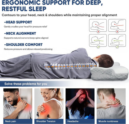 CPAP Pillow for Side, Back & Stomach Sleepers, Adjustable Cervical Memory Foam Neck Pillow with Cooling Cover & Mask Cutouts, Ergonomic CPAP Bed Pillow to Reduce Air Leaks & Mask Pressure