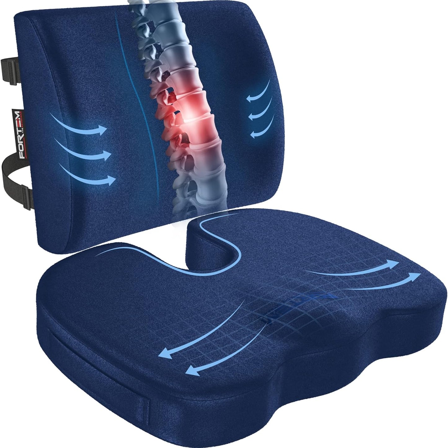 FORTEM Seat Cushion, Office Chair Cushion, Lumbar Support Pillow for Office Chair, Memory Foam Car Seat Cushions, Sciatica Coccyx Tailbone Pain Relief, Cushions for Back Support, Washable, Non Slip