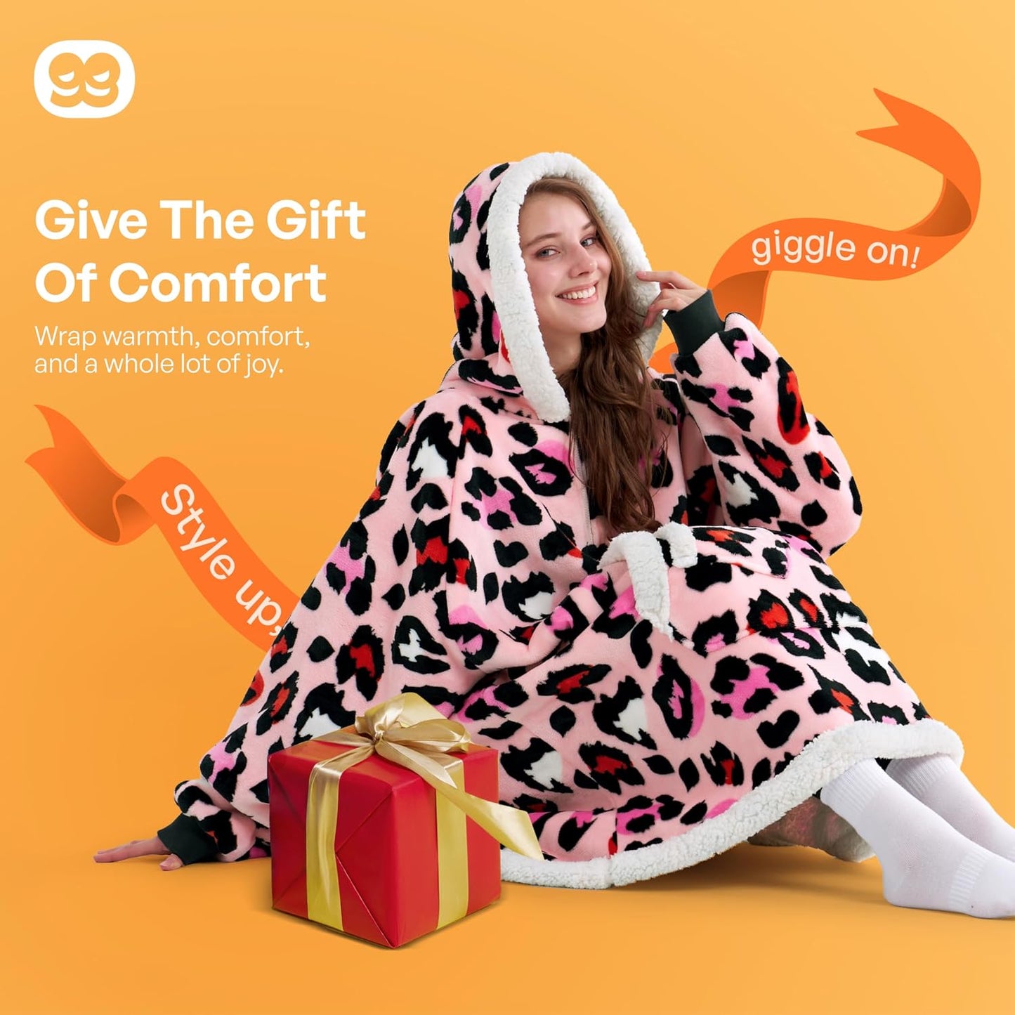 Giggling Getup Wearable Blanket Hoodie for Adults Gifts for Teen Girls Sister Women Sherpa Fleece Printed Hooded Blanket Sweatshirt Warm Cozy with Pocket & Sleeves Beige Cat