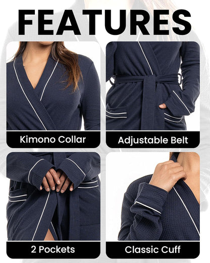 Cotton Blend Lightweight Waffle Robe for Women Knee-Length Soft Bathrobe