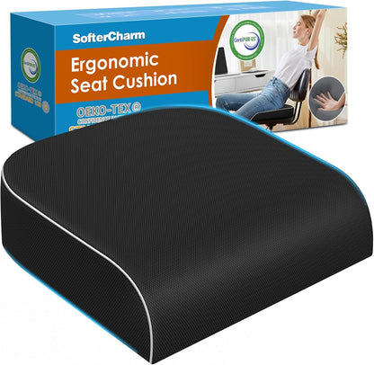 Seat Cushion, Memory Foam Office Chair Cushions for Long Sitting Hours, Chair Pad for Sciatica, Coccyx, Tailbone, Hip Pain & Pressure Relief, Office, Home, Car Seats, Airplane, Black/Large
