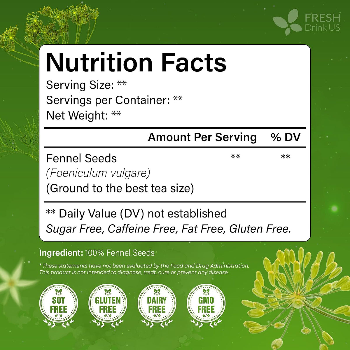 FreshDrinkUS, Premium 55 Fennel Tea Bags, 100% Natural & Pure. Made with Eco-Conscious Tea Bags. No Sugar, No Caffeine, No Gluten, Vegan.