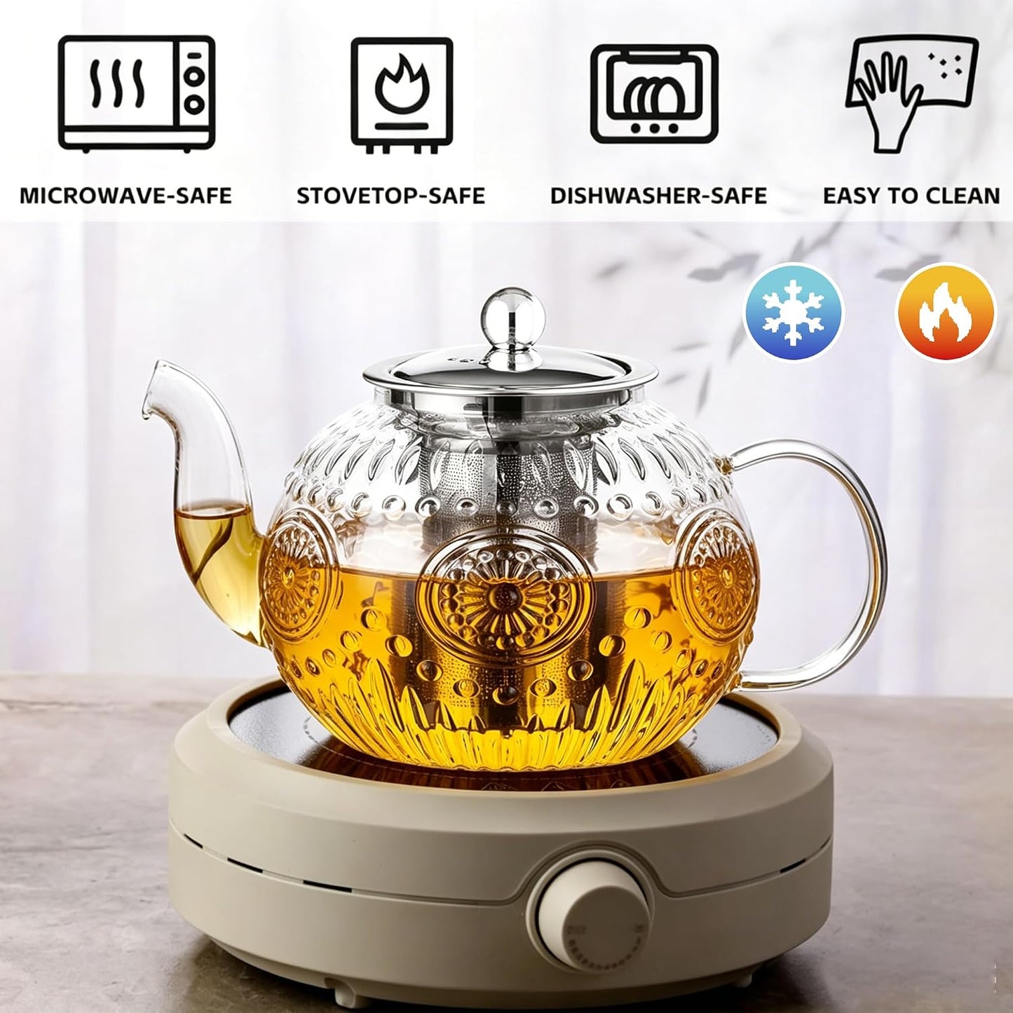 Amzcku 50OZ/1500ml Vintage Glass Teapot with Removable Infuser – Stovetop Safe, Borosilicate Glass Tea Kettle for Blooming & Loose Leaf Tea
