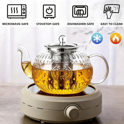 Amzcku 50OZ/1500ml Vintage Glass Teapot with Removable Infuser – Stovetop Safe, Borosilicate Glass Tea Kettle for Blooming & Loose Leaf Tea