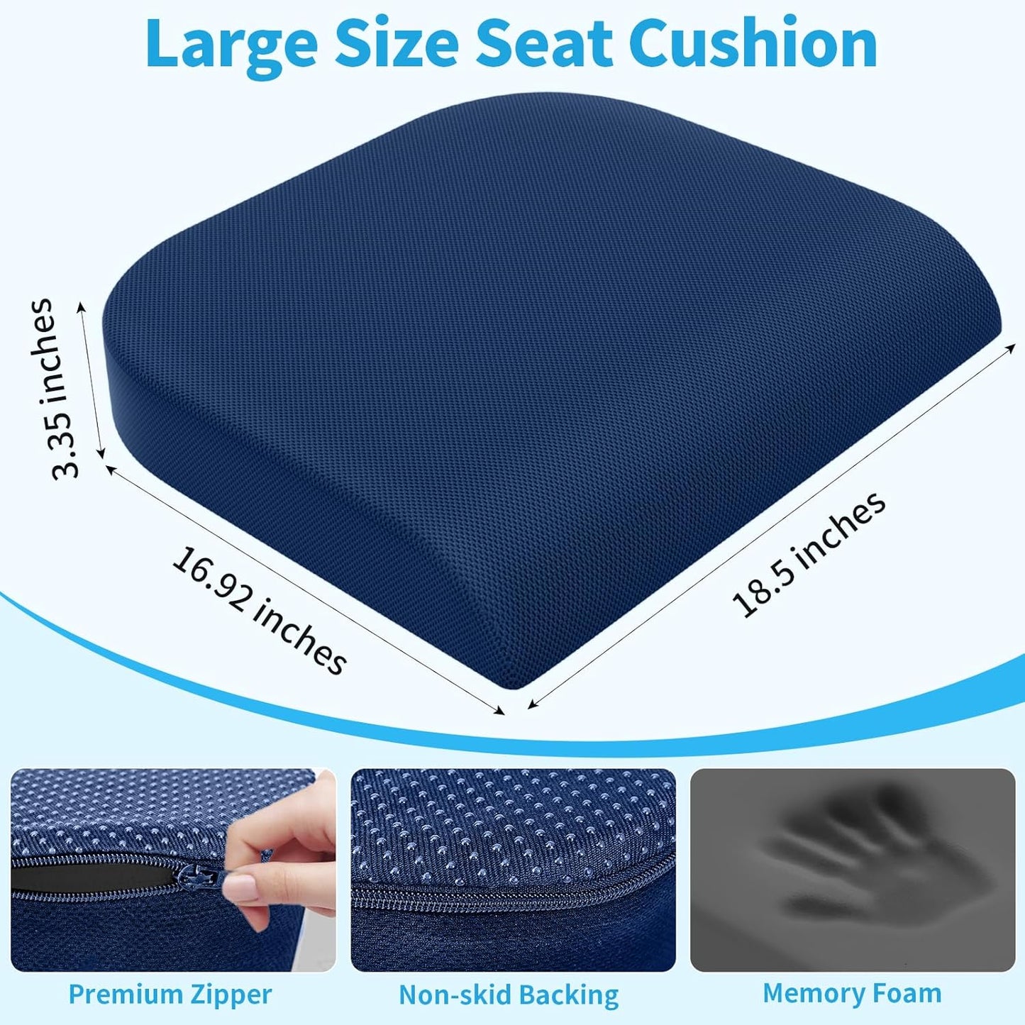 TranquilRelax Large Seat Cushion, Memory Foam Cushion for Long Sitting Hours on Office Chair, Car Seat, Non-Slip Chair Pad for Sciatica, Coccyx, Tailbone Pain Relief & Post-Surgery Recovery (Black)