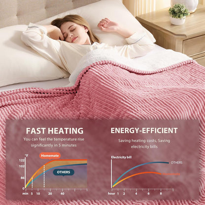 Homemate Heated Blanket Electric Throw - 50"x60" Heating Blanket Throw 1/2/4/6/8 Hours Auto-Off 10 Heat Levels Over-Heat Protection Soft Flannel Sherpa Heater ETL Certification