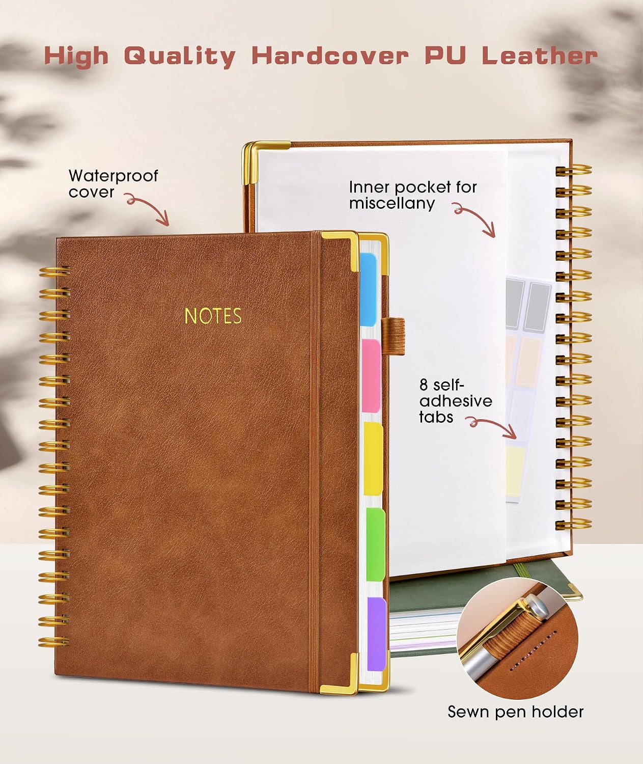 Hardcover Spiral Notebook journal with Removable Dividers Tabs, 300 Pages Leather 5 Subject Notebook College Ruled, 8"x10" Large B5 Notebooks for Work School Note taking, Lined Journal for Women,Black