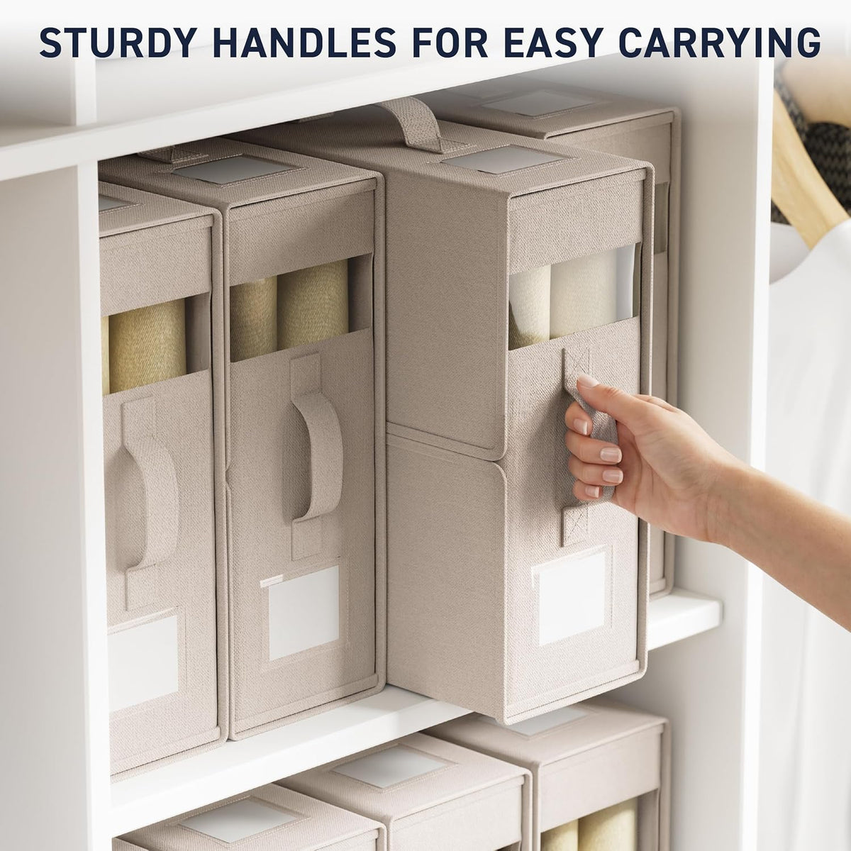 Ornavo Home Linen Bed Sheet Organizer Bins 4 Pack, With Handles, Beige