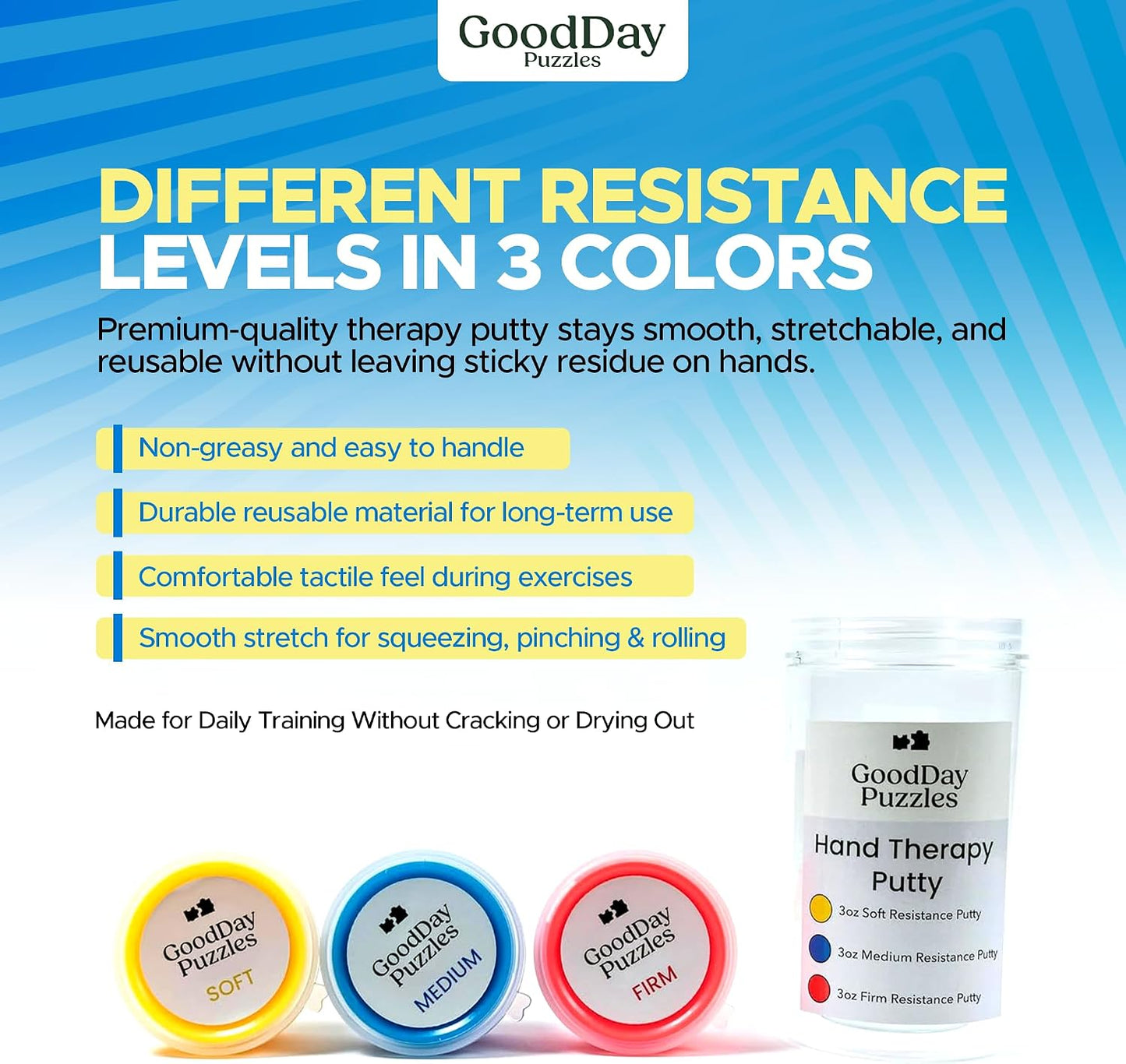 Hand Therapy Putty 3 Piece Set - Hand Strengthening & Stress Relief Putty for Grip, Finger & Wrist Exercises, Sensory Therapy Putty for Adults