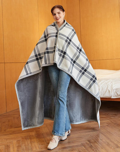 forestfish Fleece Wearable Blanket, Plaid Lap Blanket Comfy Poncho Throw with Buttons for Bed Sofa Office, Grey-White