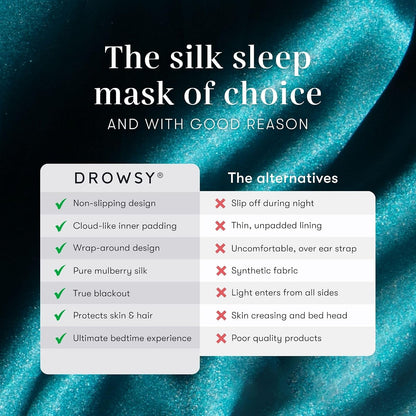 DROWSY Silk Sleep Mask - Face-Hugging, Padded Cocoon for Luxury Sleep in Total Darkness - 100% Pure Mulberry Silk (Black Jade)