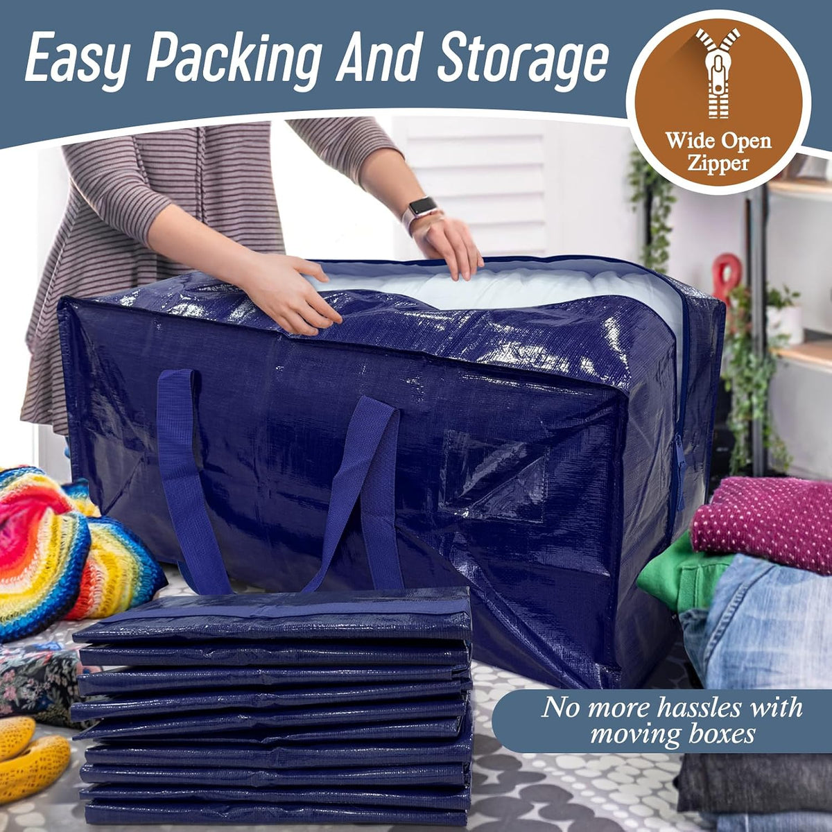 Extra Heavy Duty Large Moving Bags with Strong Zipper, Dark Blue