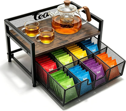 2 Tier Tea Bag Organizer and Storage - 8 Drawer Sliding Tea Box Organizer, Tea Bar Accessories Organizer for Countertop, Bar Station, Kitchen (Rustic Brown)