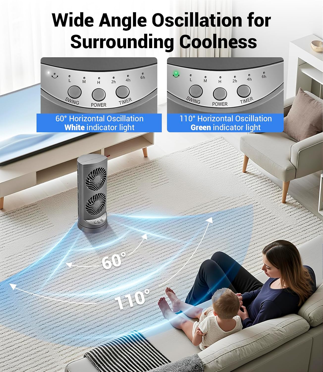 Personal Tower Cooling Fans that Blow Cold Air, Standing Small Desk Fan with 3 Speeds & Timer, 60° & 110° Oscillating Table Fan, Quiet and Safe Electric Floor Fan for Bedroom, Bedside, Home, Office