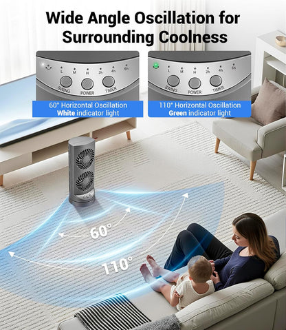 Personal Tower Cooling Fans that Blow Cold Air, Standing Small Desk Fan with 3 Speeds & Timer, 60° & 110° Oscillating Table Fan, Quiet and Safe Electric Floor Fan for Bedroom, Bedside, Home, Office