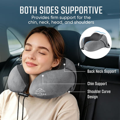 SkytraxComf® Travel Neck Pillow with Hood for Privacy on Long Flights | Memory Foam | Airplane Sleep | Safety-Tested Materials | Extra Large Hood | Chin Support | Earplugs | Washable Cover