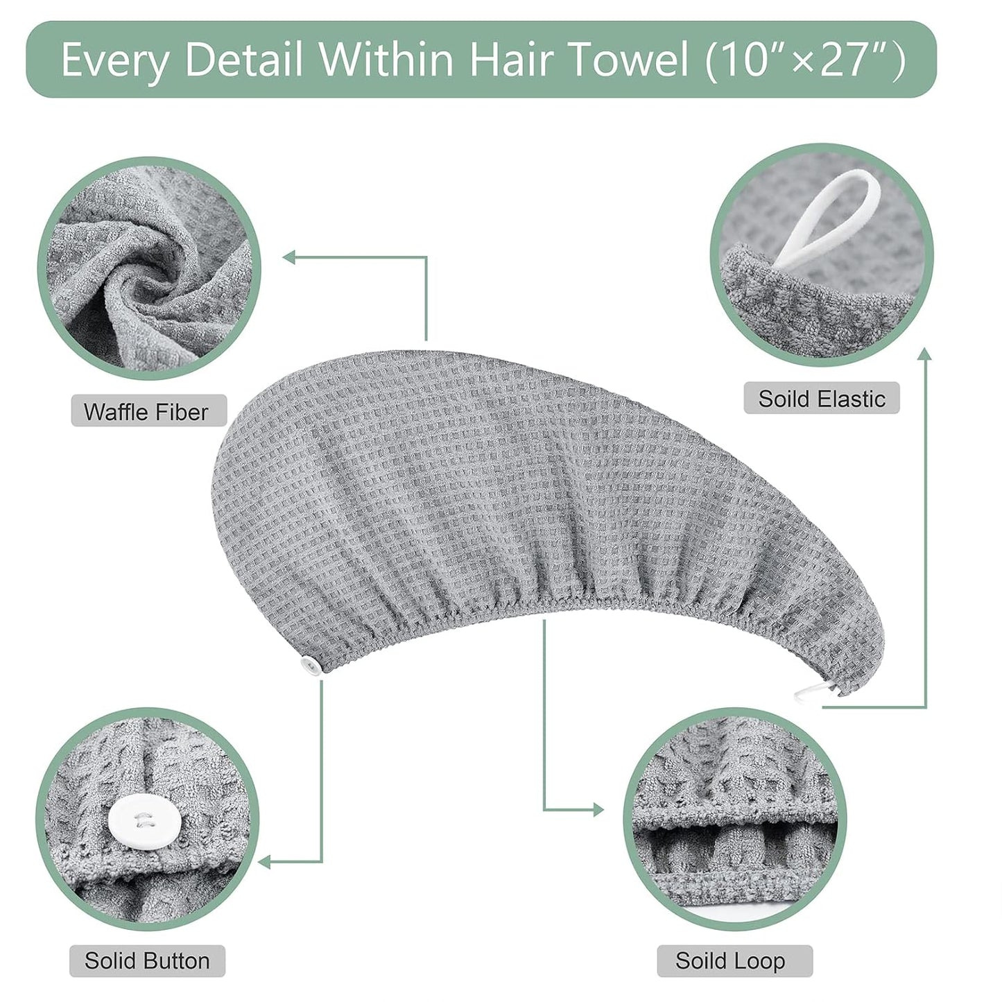 Dolwis Microfiber Hair Drying Towel - 2Packs Waffle Long Hair Head Turban Wraps Terry Cloth Fast Absorbent Dry Anti Frizz Twist Plopping Curly Shower Turban for Women Wet Hair (Green)