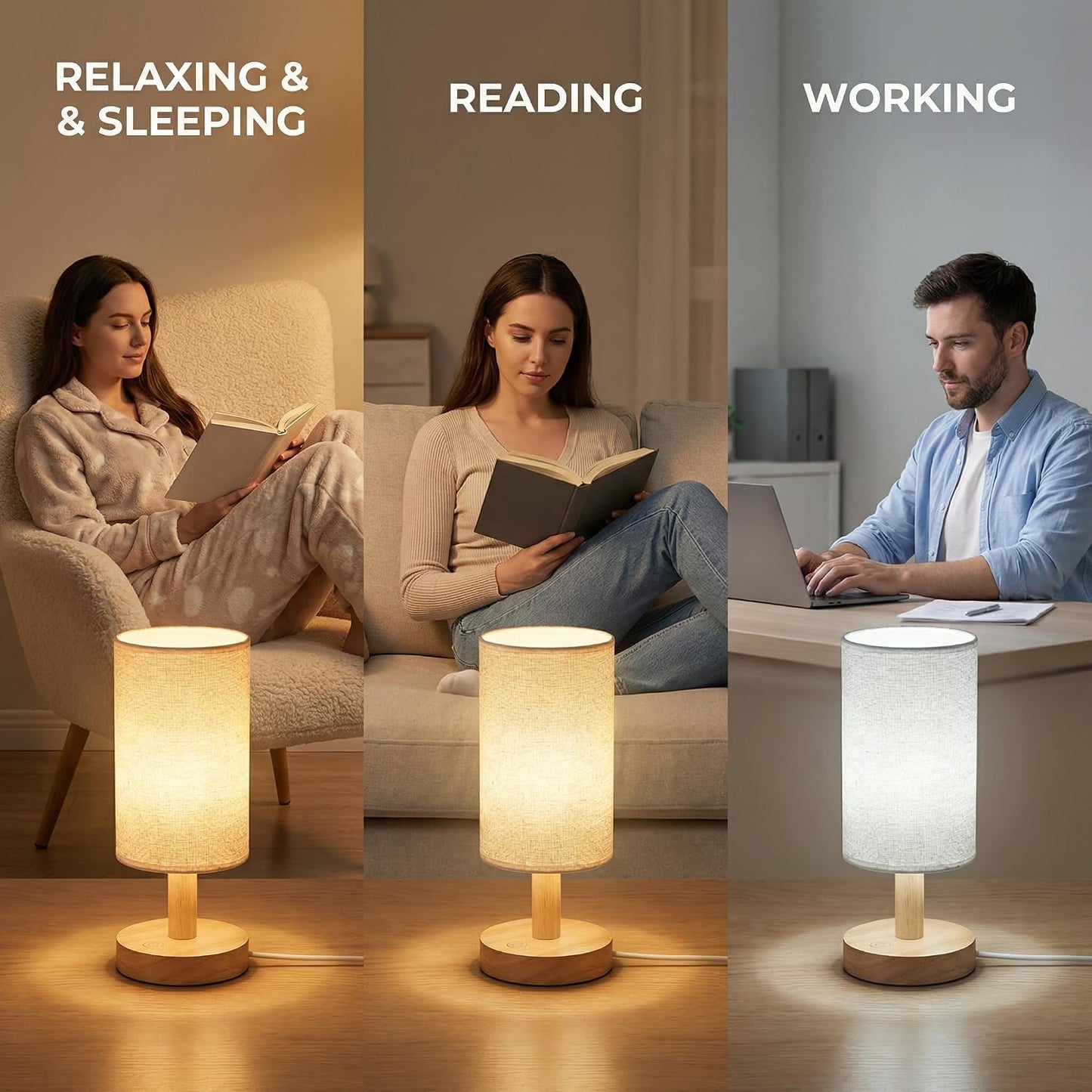 Touch Bedside Table Lamp - Stepless Dimming USB Powered, Minimalist Wood Base Linen Shade, 2700K Warm Light for Bedroom Nightstand Nursery Dorm Small Spaces, 5W LED 50K Hrs (No Bulb Replacement)