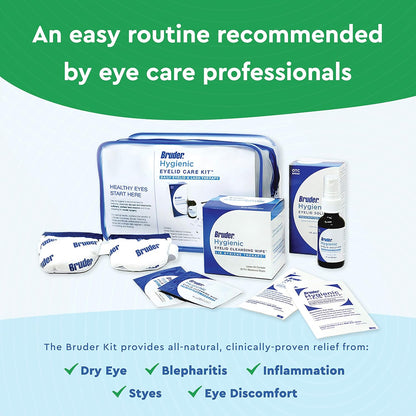 Bruder Hygienic Eyelid Care Kit - Moist Heat Eye Compress Mask, Eyelid Cleansing Wipes & Spray - Soothe Dry Eyes & Improve Health
