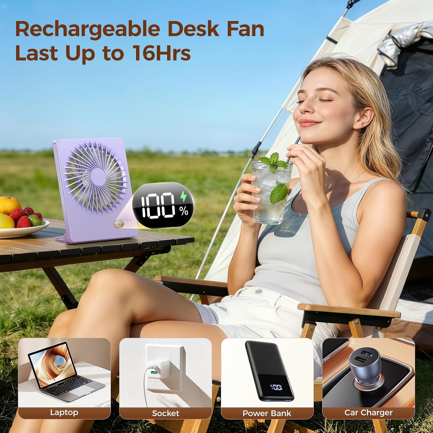 Zuvas Desk Fan Battery Operated Fan Rechargeable 180°Tilt Folding Personal Fan Ultra Quiet Small Portable 3 Speed Adjustable Strong Wind Fan For Office Bedroom Home Desktop Camping (White)