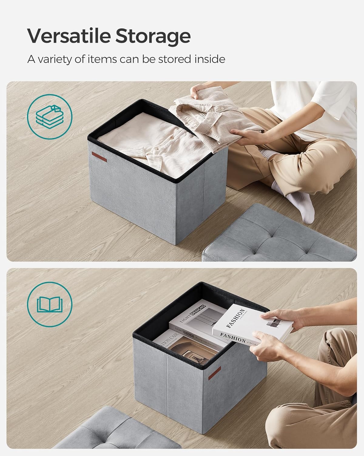 SONGMICS Small Folding Storage Ottoman, Foot Rest Stool, Cube Footrest, Synthetic Leather, 12.2 x 16.1 x 12.2 Inches, 286 lb Capacity, for Living Room, Bedroom, Dorm, Ink Black ULSF100B01