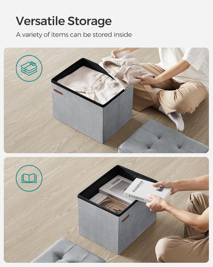 SONGMICS Small Folding Storage Ottoman, Foot Rest Stool, Cube Footrest, Synthetic Leather, 12.2 x 16.1 x 12.2 Inches, 286 lb Capacity, for Living Room, Bedroom, Dorm, Ink Black ULSF100B01