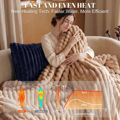 IUUI Heated Throw Blanket, Ultrasoft 3D Striped Heating Blanket with 6 Heat Levels & 1-10H Auto Off Timer, Overheat Protection, Detachable Controller Machine Washable(Cream, Throw 50" x 60")
