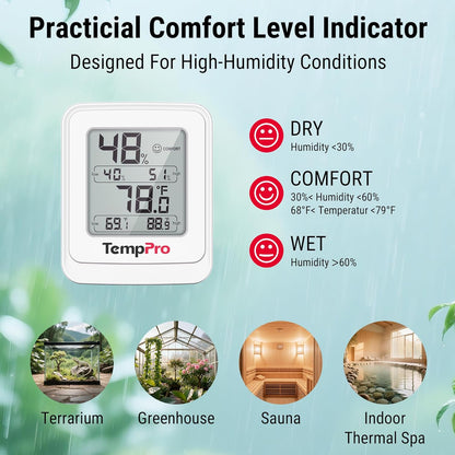 TempPro TP150 Greenhouse Thermometer Hygrometer, IPX5 High-Humidity Resistant Temperature and Humidity Monitor, High/Low Records Humidity Meter for Indoor Grow Tents, Reptile(Previously ThermoPro)