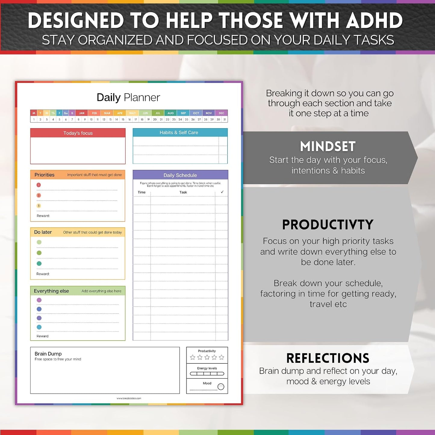 ADHD Daily Planner Notepad for Neurodivergent Adults - Productivity Daily Planner Desk Pad & Task Management to Stay Organized and Focused Note Pad (Rainbow, A4 Portrait)