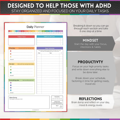 ADHD Daily Planner Notepad for Neurodivergent Adults - Productivity Daily Planner Desk Pad & Task Management to Stay Organized and Focused Note Pad (Rainbow, A4 Portrait)