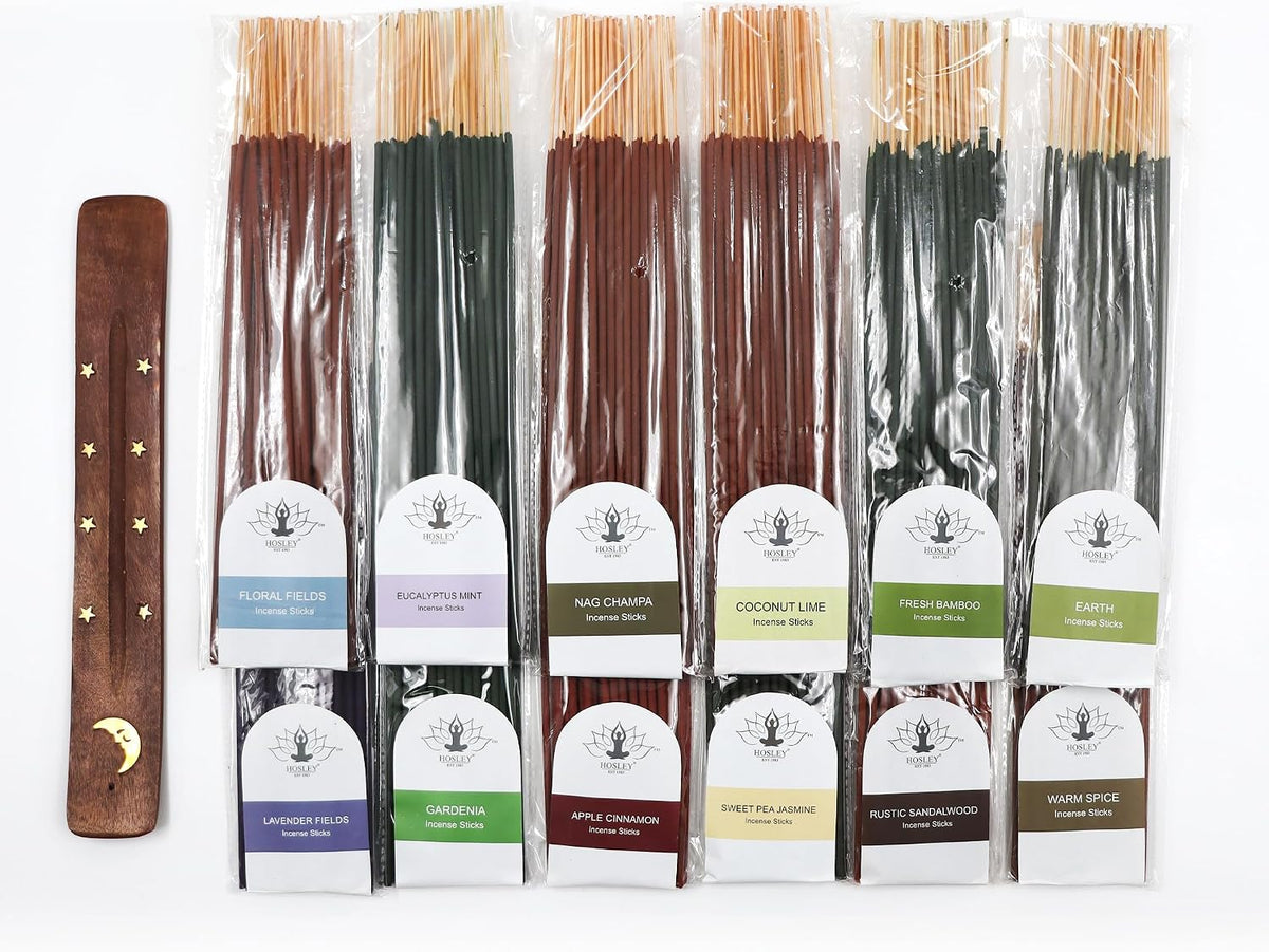 Hosley 320 Assorted Incense Sticks with Holder Eucalyptus, Fresh Bamboo, Lavender, Myrrh, Lavender Chamomile, Vanilla, Citrus, Dragon Blood Idea for Home, Wedding, Spa, Meditation & Aromatherapy